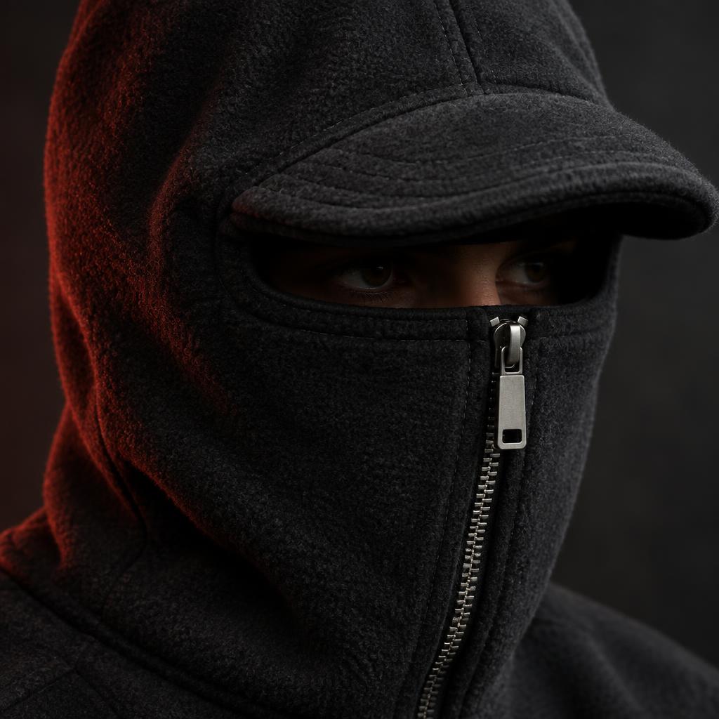Close-up of a black hood zipped into a face mask, showing the eye opening, the structured peak and a metal zipper pull